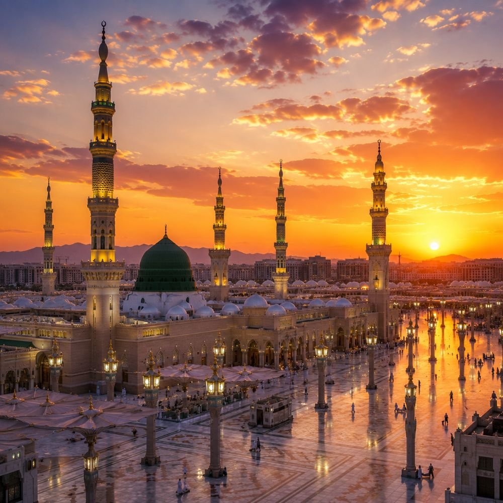 Sunset skyline of the Prophet's Mosque with its green dome and minarets
