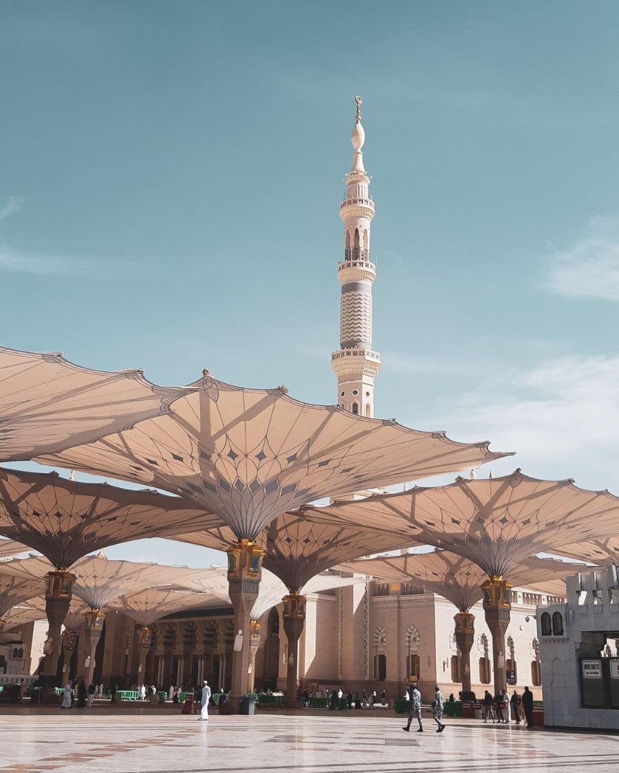 Prophet's Mosque courtyard with its iconic folding umbrellas