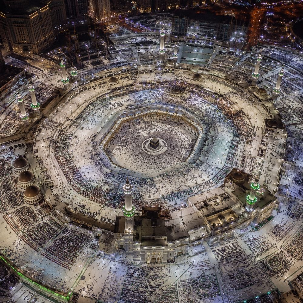 Aerial night view of the Masjid al-Haram and the Holy Kaaba